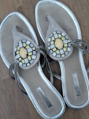 Nine West Silver Beaded Leather Flip Flops/Sandals